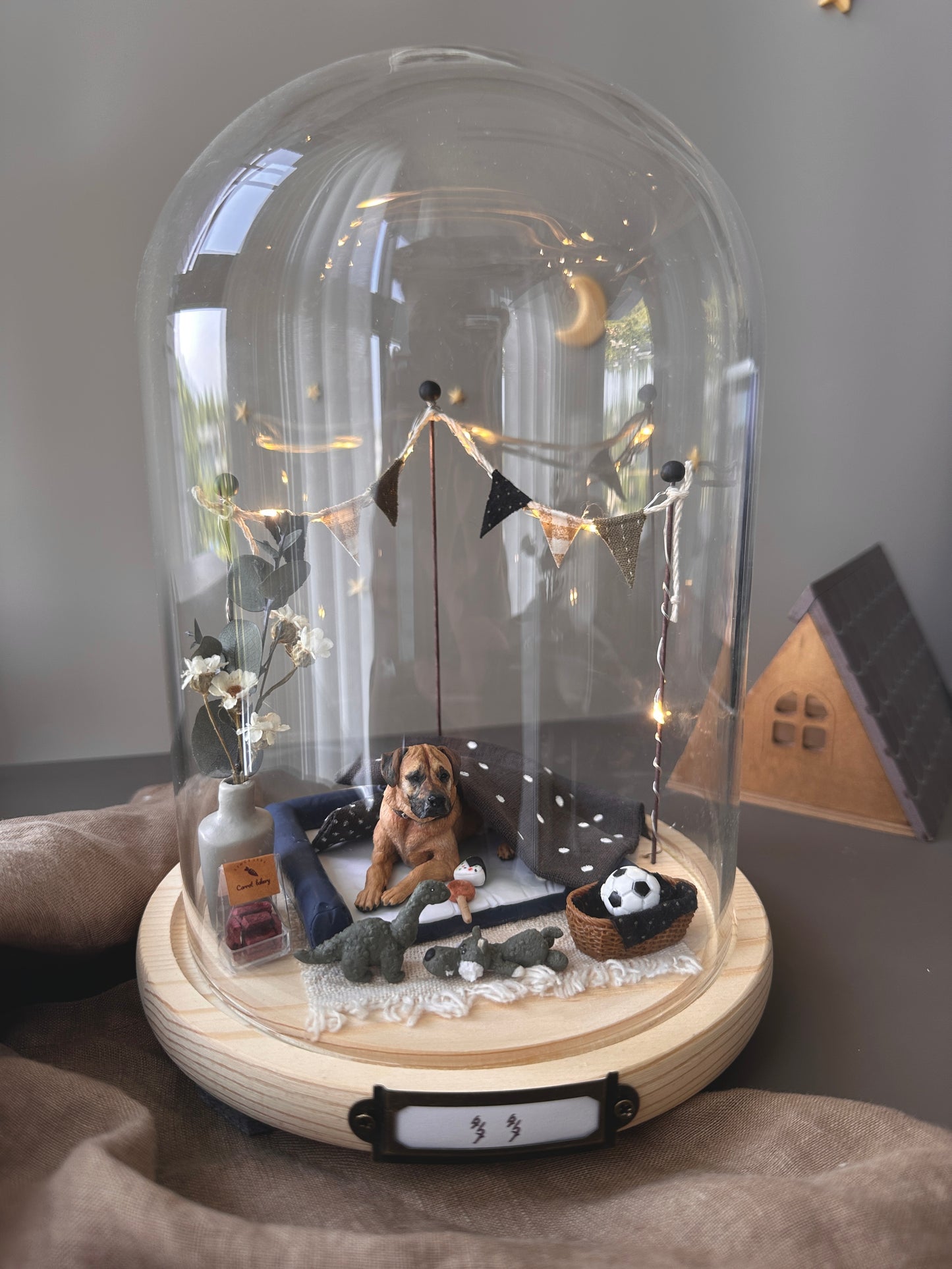 【客製全身寵物】中玻璃罩 月落屋 暖光小窩 手作 寵物紀念 居家擺飾