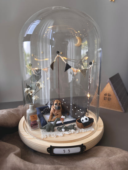 【客製全身寵物】中玻璃罩 月落屋 暖光小窩 手作 寵物紀念 居家擺飾